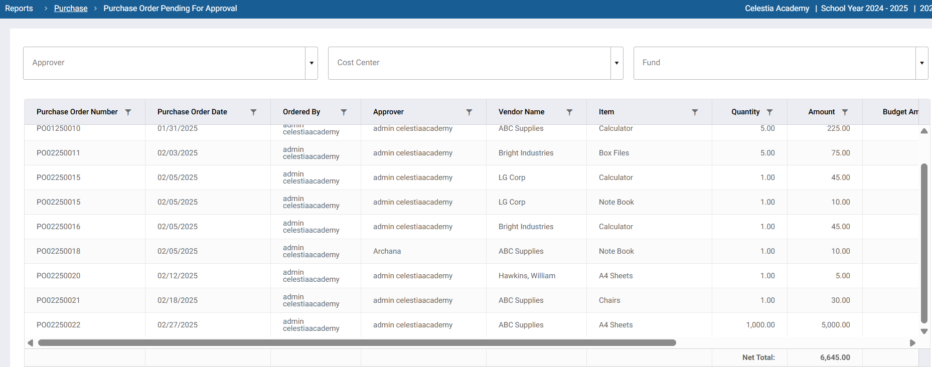 FINACS Core Accounting Purchase Order Pending