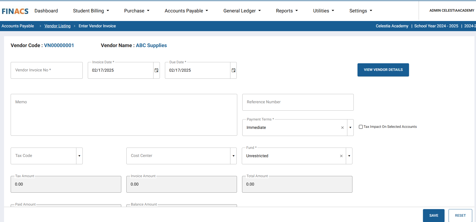 FINACS Core Accounting Enter Vendor Invoice