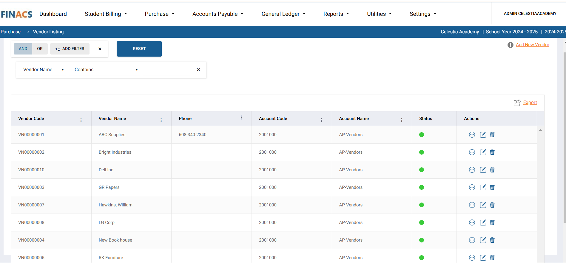 FINACS Core Accounting Vendor Listings