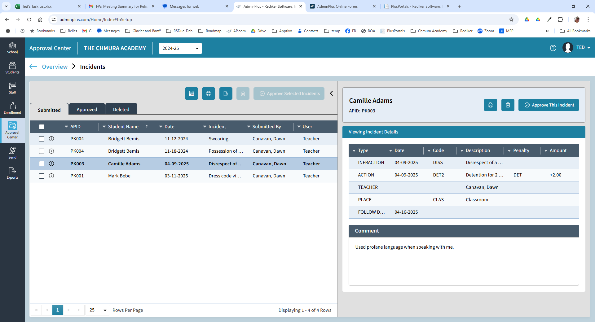 Student Incidents in the AdminPlus Approval Center