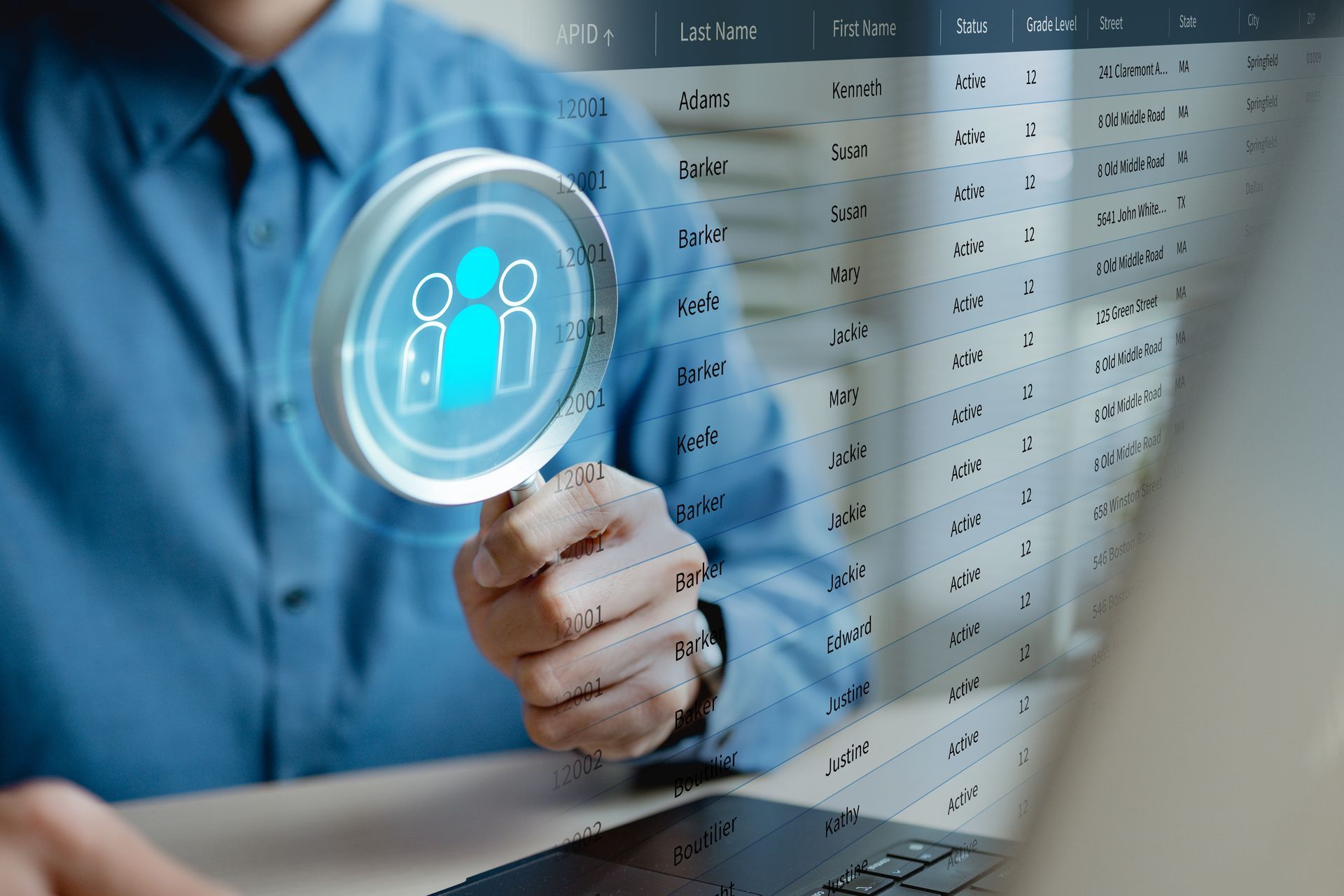 Search concept for Organization Manager - professional holding magnifying glass