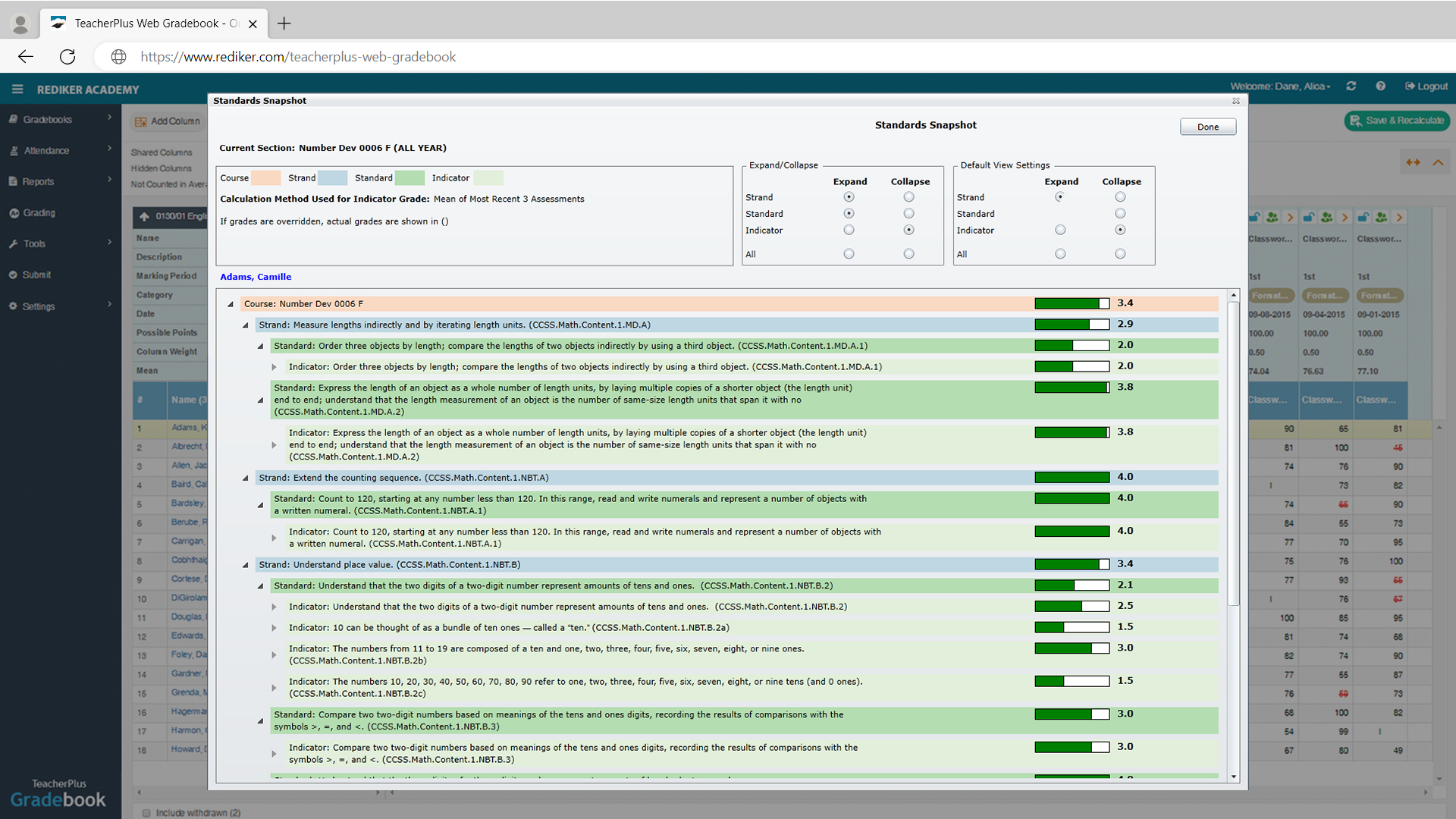 TeacherPlus Gradebook - Standards Snapshot