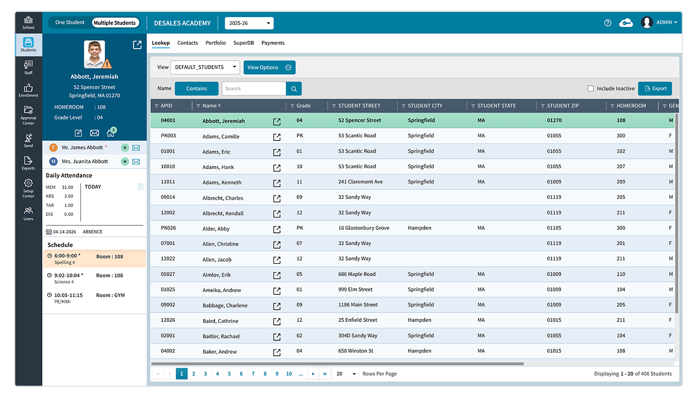 AdminPlus Multi-Student Lookup Screen