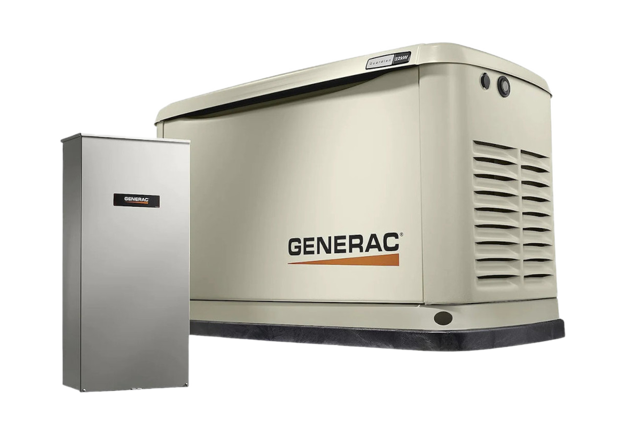 A Generac generator is sitting next to a control panel on a white background.