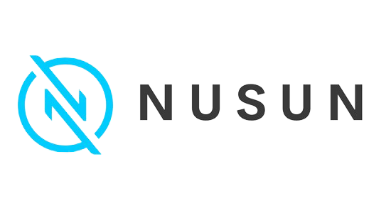 The logo for nusun is a blue circle with a lightning bolt in it.