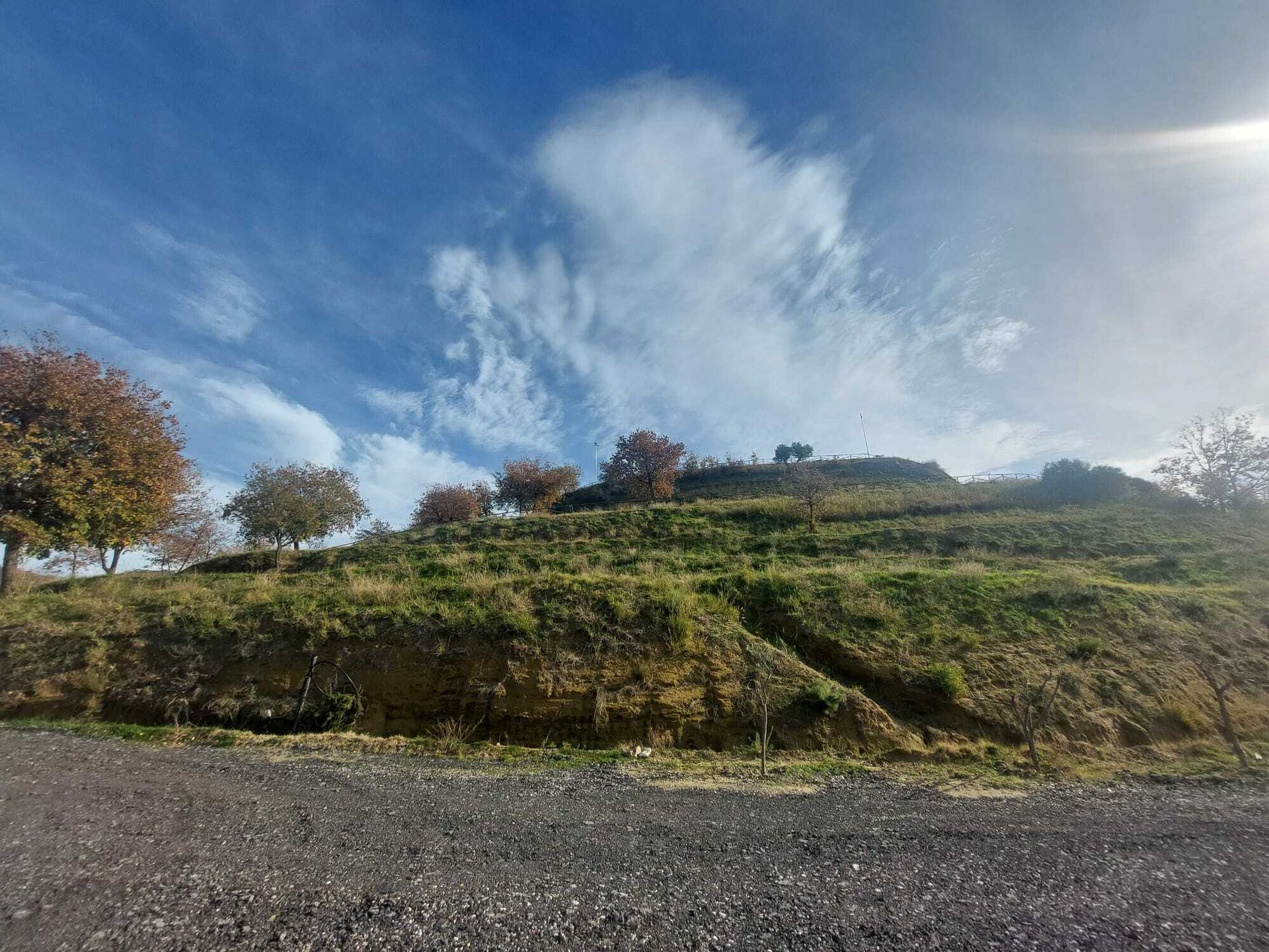 Una collina con alberi e un cielo azzurro con nuvole