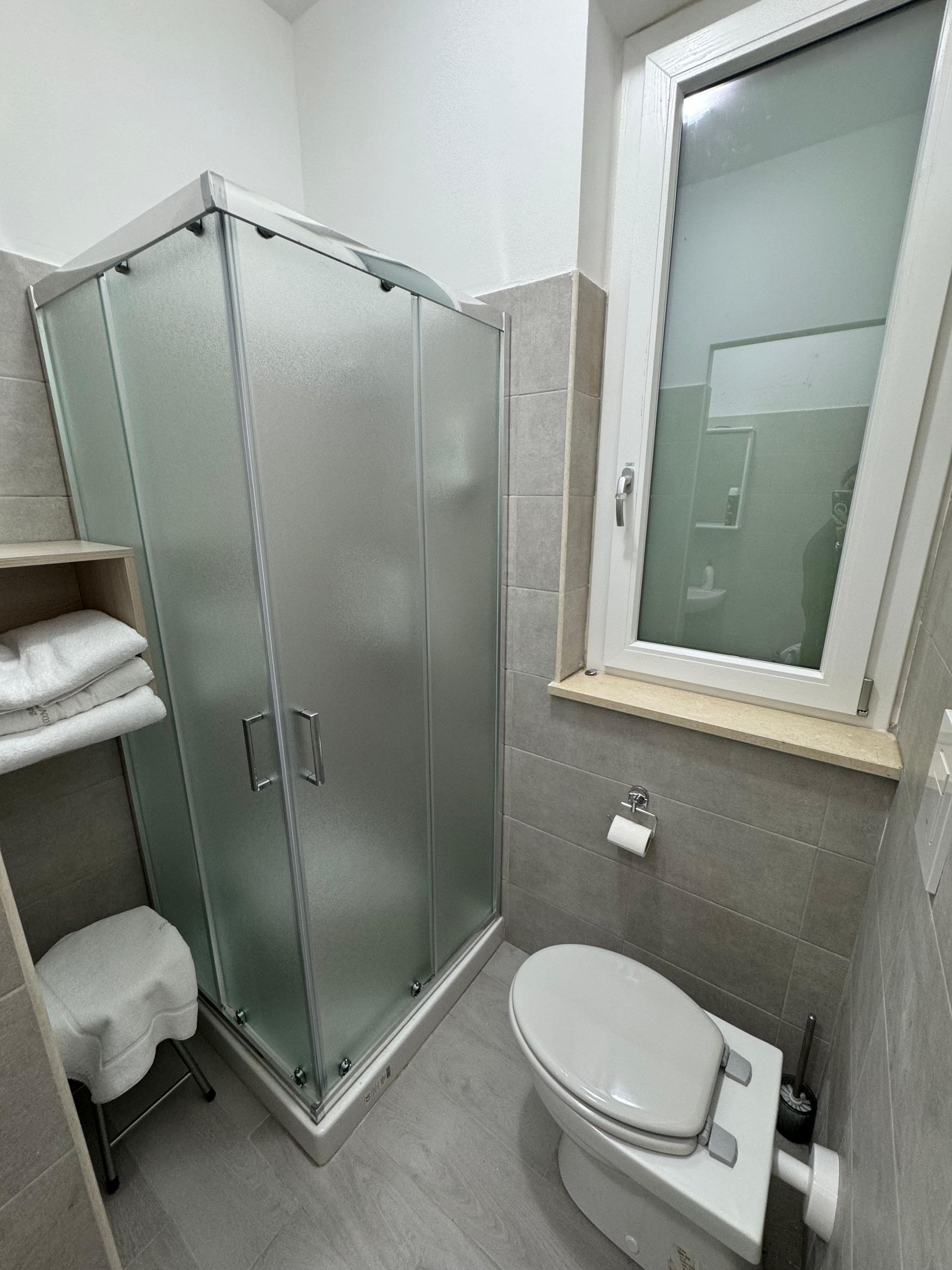 Un bagno con wc, doccia e finestra.