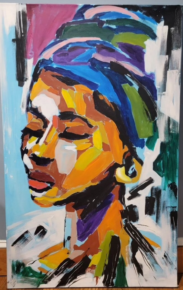 A colorful painting of a woman wearing a turban
