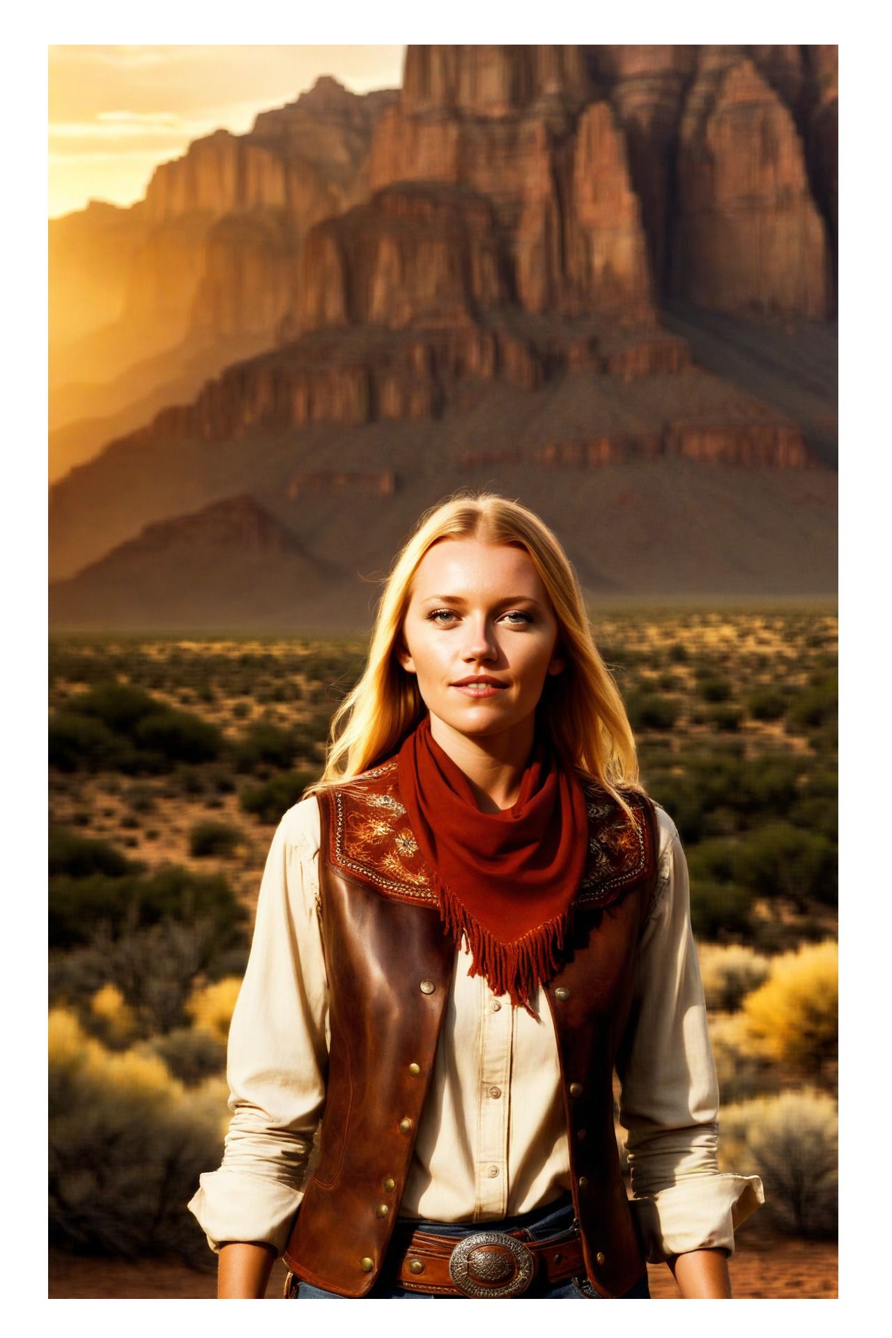 A woman in a cowboy outfit is standing in front of a mountain.