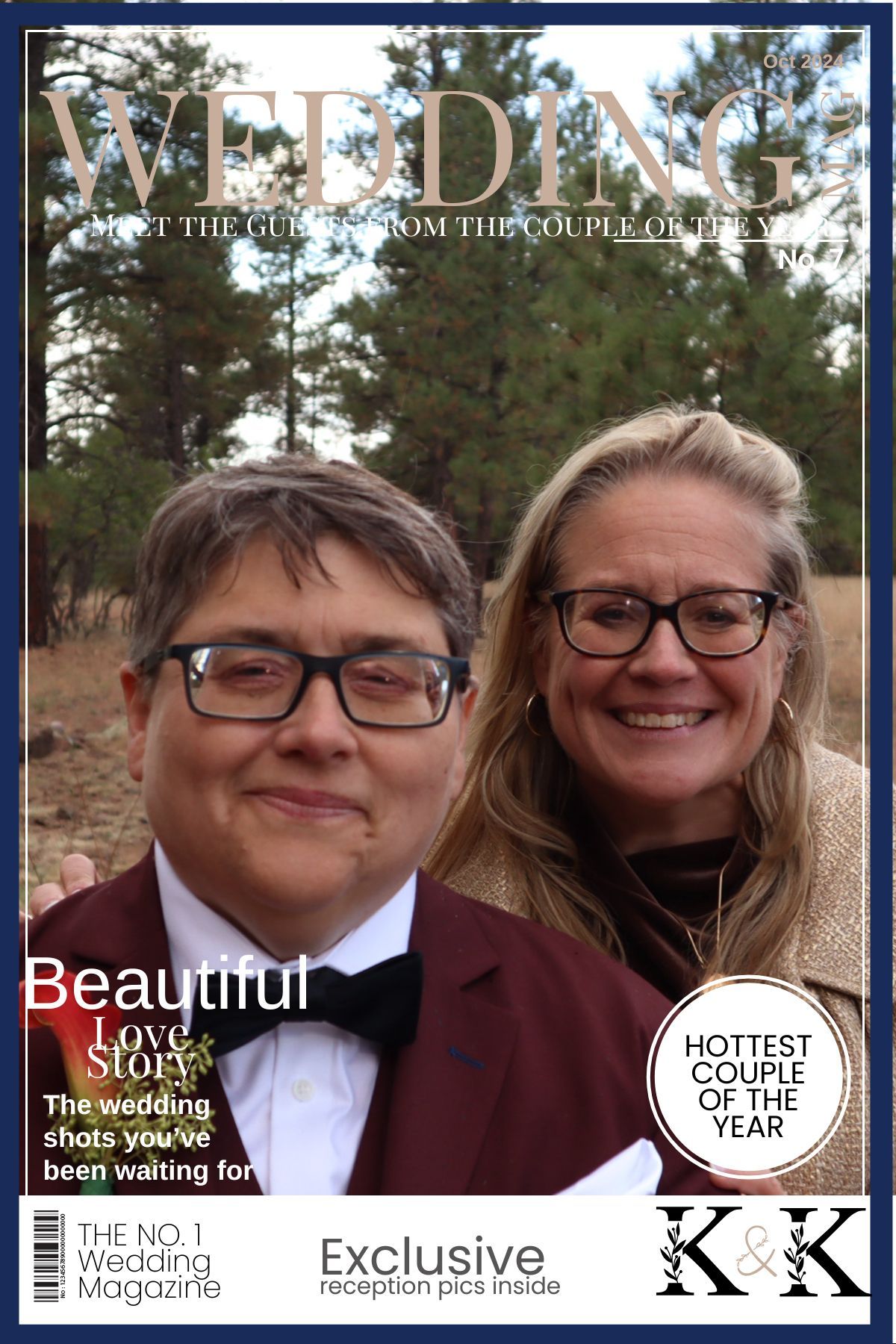 A woman and her wife are posing for a picture on the cover of a wedding magazine.