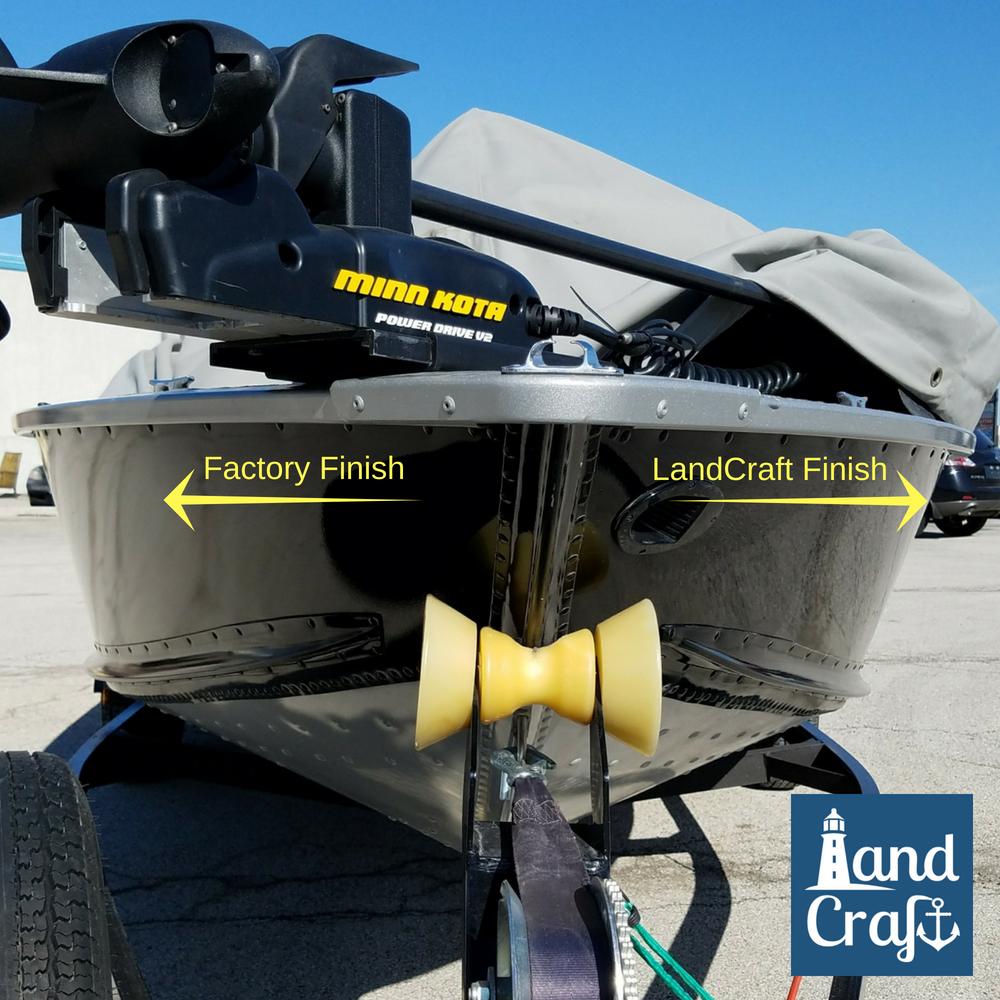 Picture showing factory Alumacraft finish versus nicer LandCraft finish