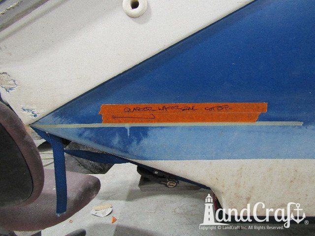 Wellcraft boat in process of exterior fiberglass and gelcoat repair