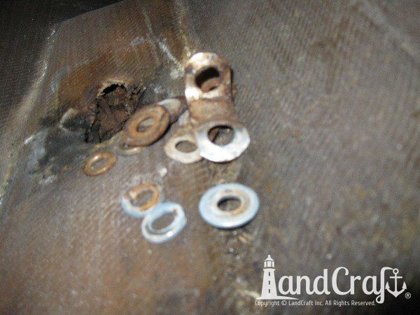 Sanger boat bow eye hook damage in process of repair