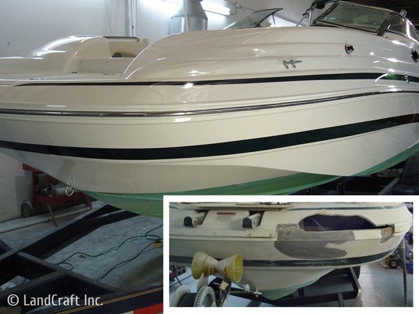 Before and after picture of fiberglass boat repair