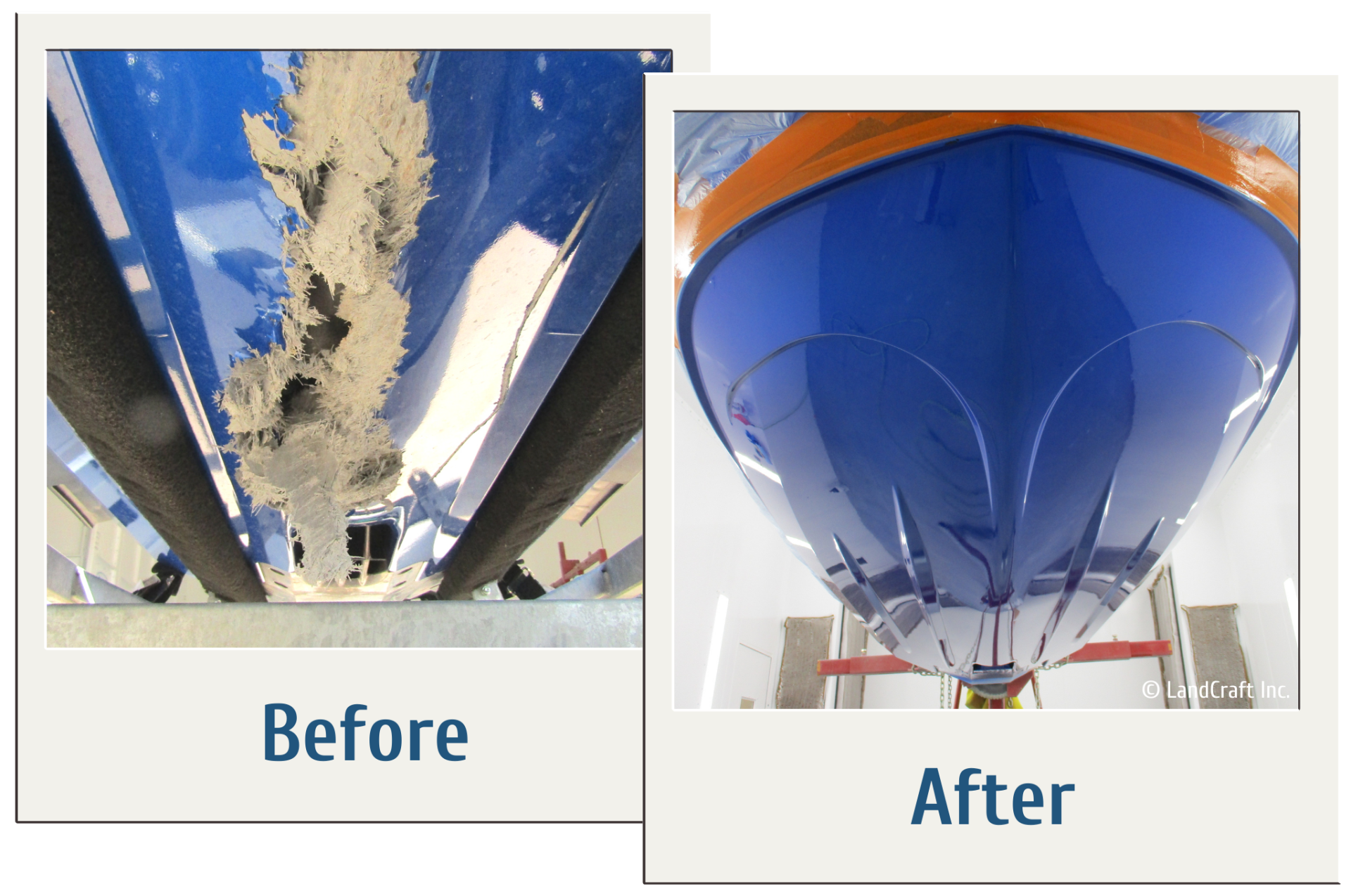 Before and after of a major structural repair on a waverunner