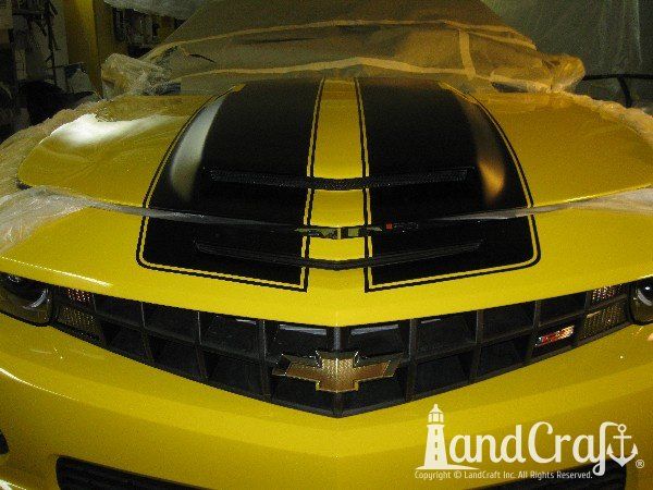 Fiberglass Chevy Camaro hood with body work, paint work and rally stripes by Keith at LandCraft