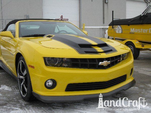 Fiberglass Chevy Camaro hood with body work, paint work and rally stripes by Keith at LandCraft