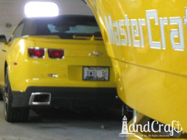 Fiberglass Chevy Camaro hood with body work, paint work and rally stripes by Keith at LandCraft