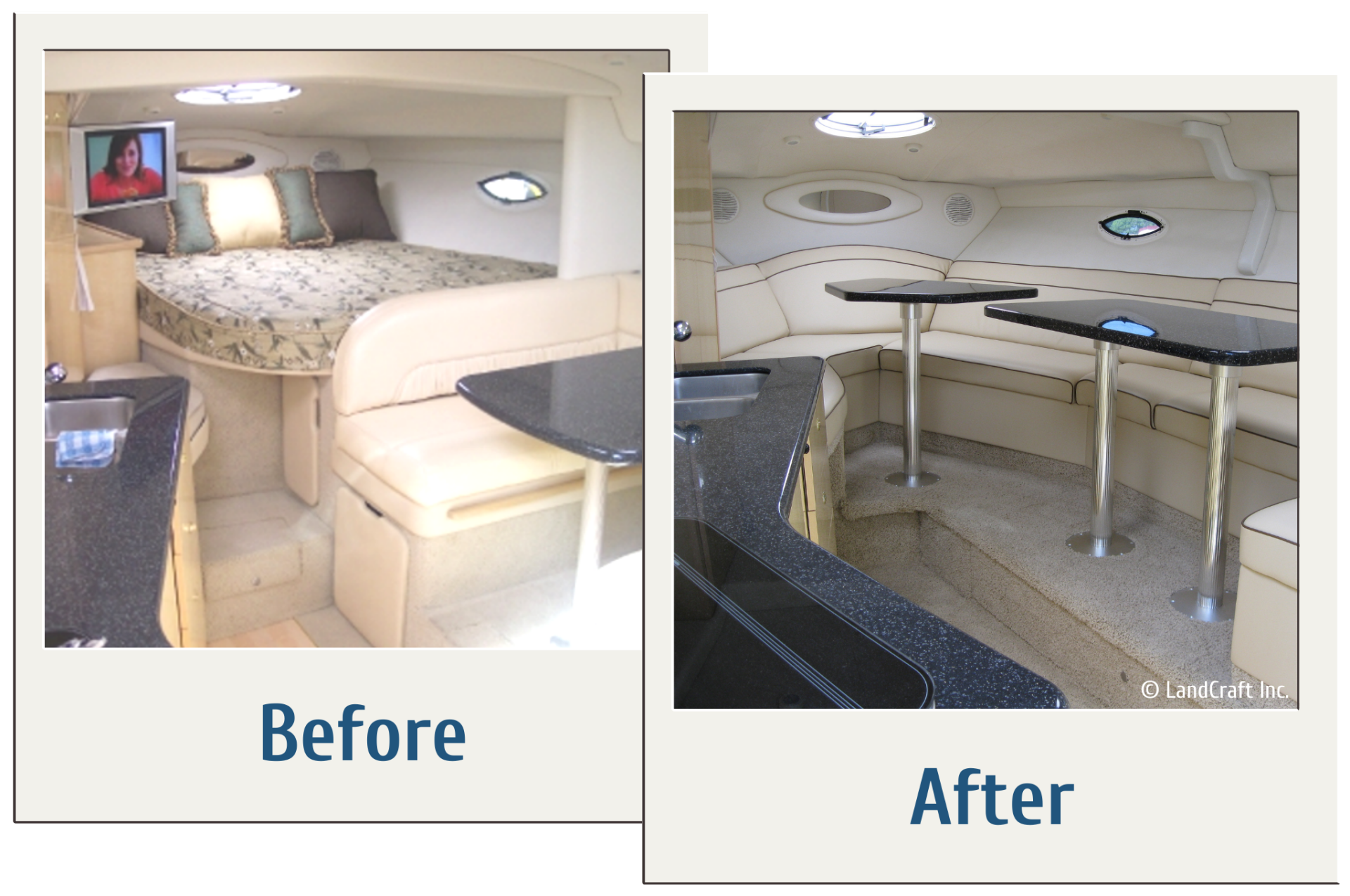 Before and after of a boat interior renovation