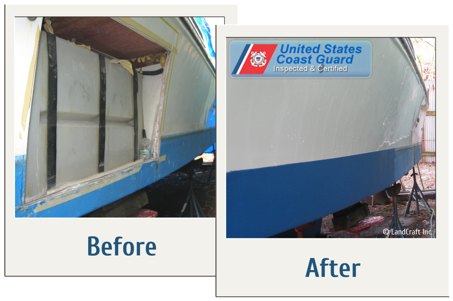 Before and after of a structural fiberglass repair on a boat