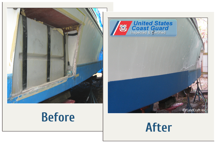 Before and after picture of boat structural fiberglass repair