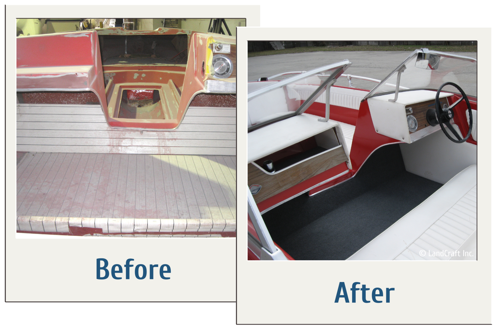 Before and after of a boat interior restoration