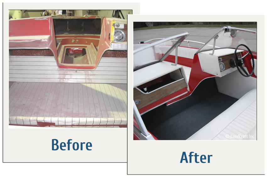Before and after picture of boat interior refitting