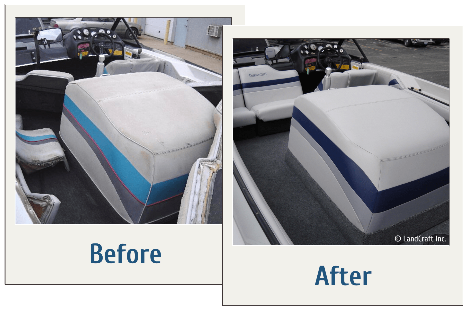 Before and after of a boat restoration with color change interior