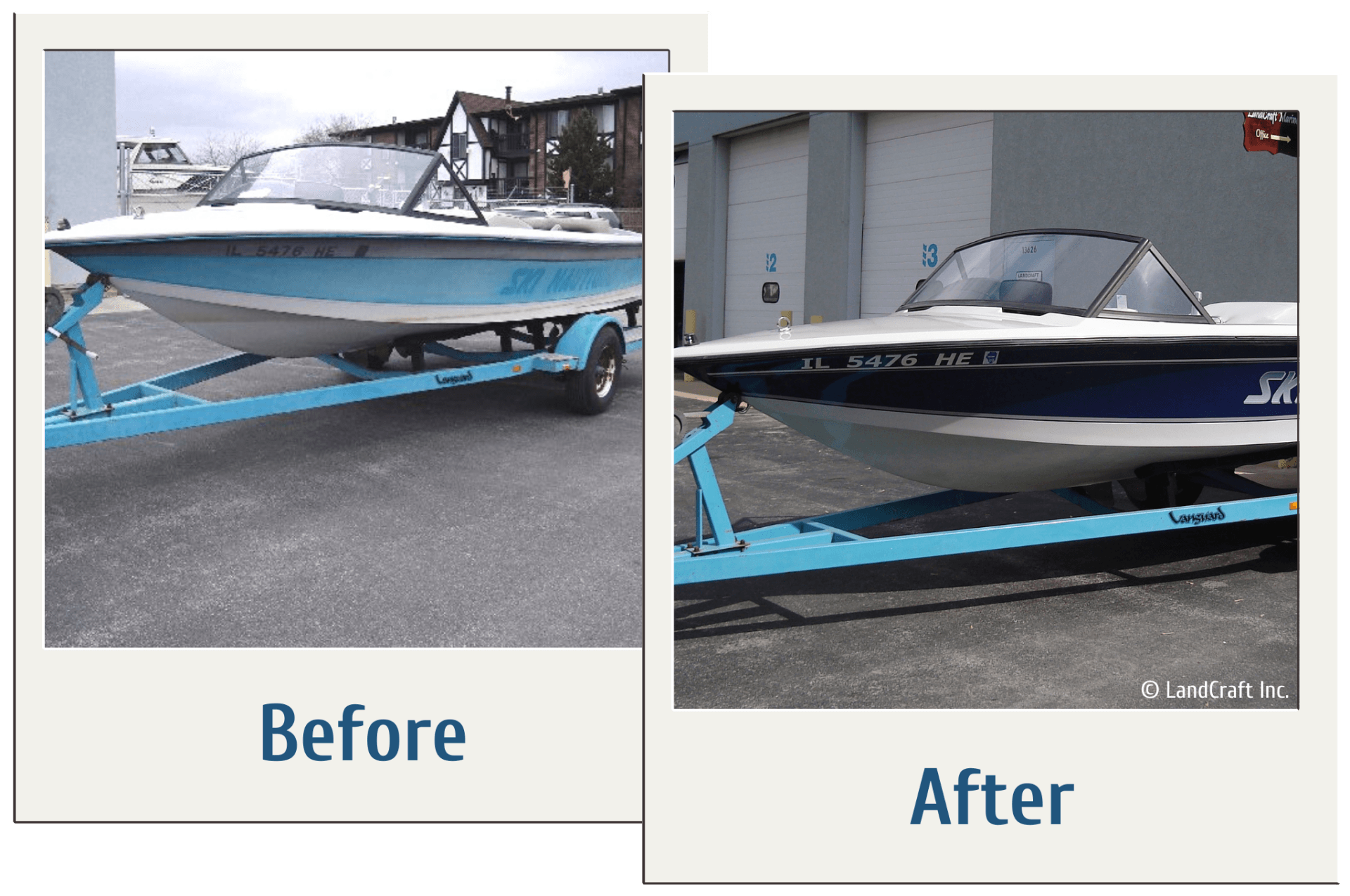 Before and after of a boat restoration with color change exterior and interior