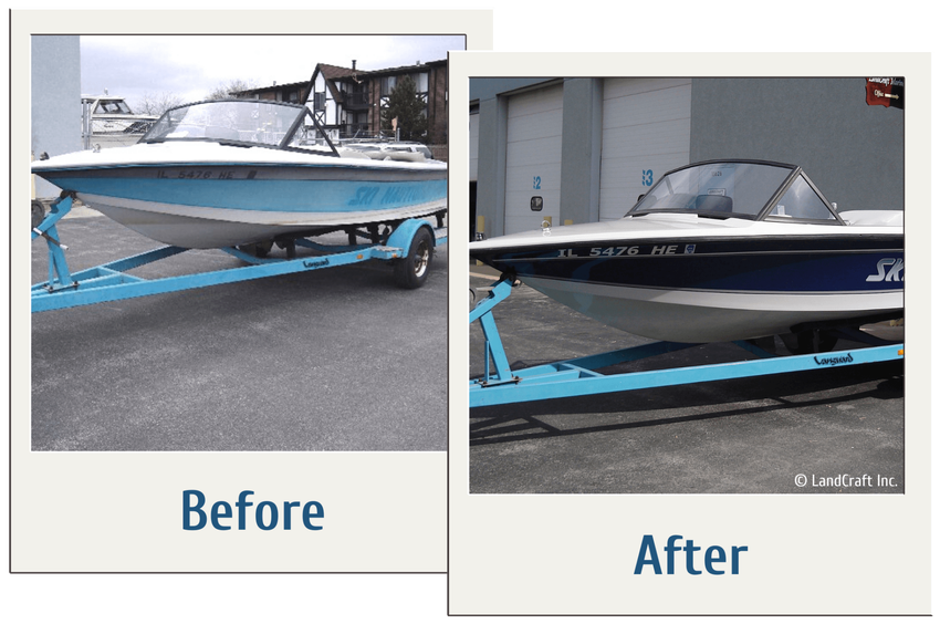 Before and after picture of boat restoration and color change