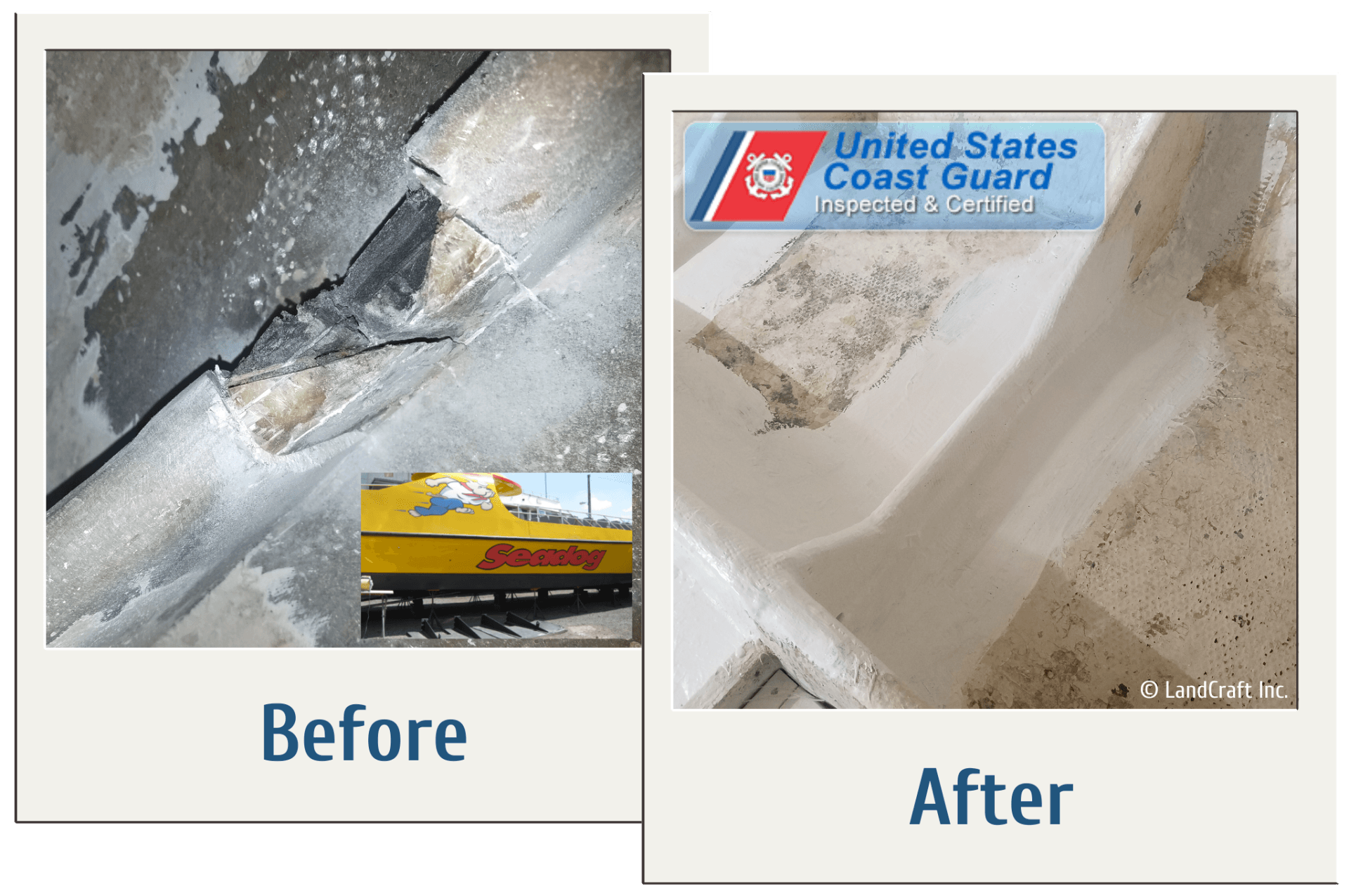 Before and after of major structural damage repair on a commercial passenger vessel