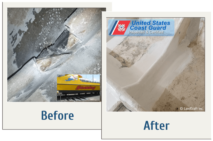 Before and after picture of Sea Dog commercial boat structural repair