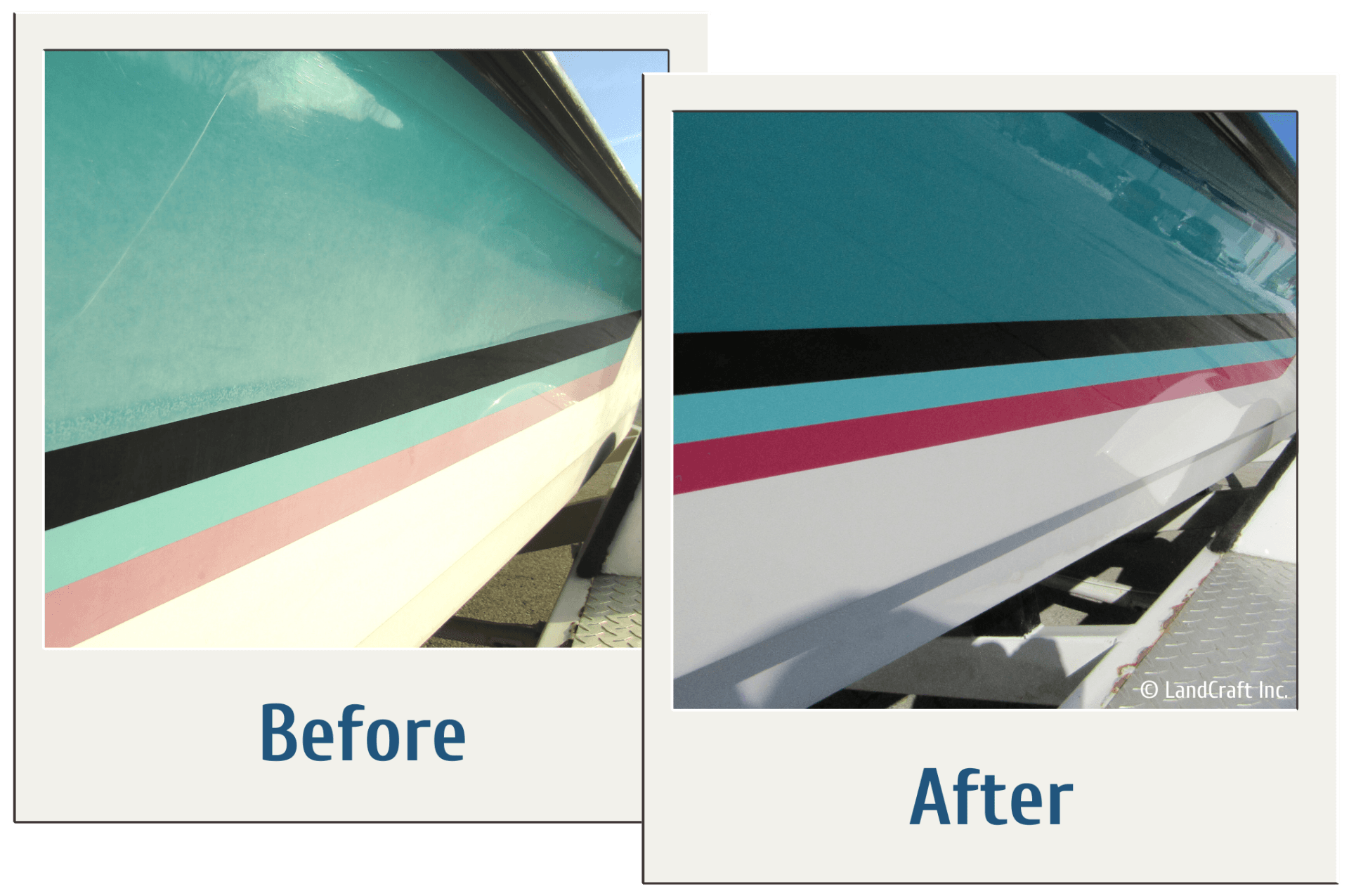Before and after of boat gelcoat refurbishing