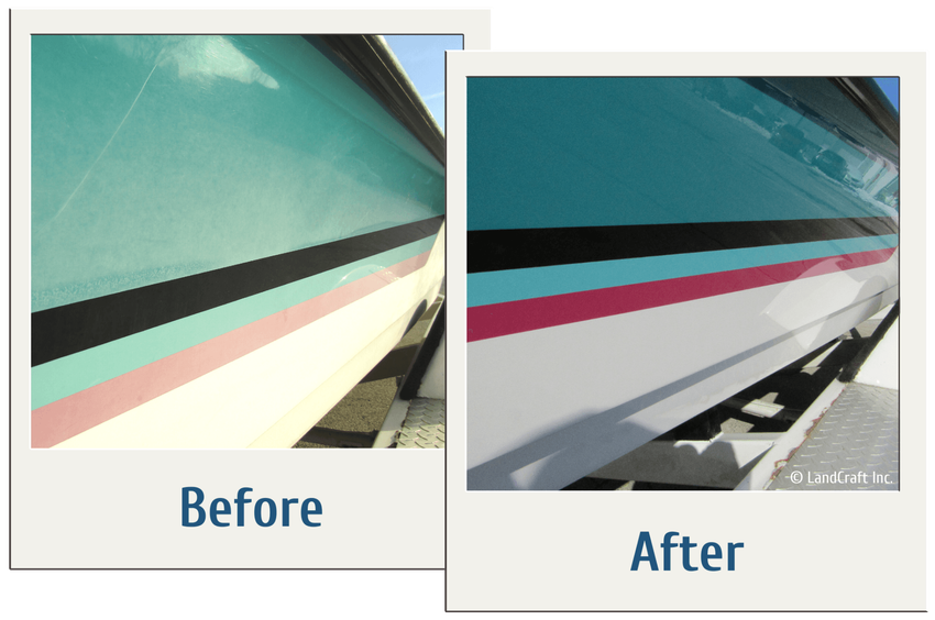 Before and after picture of boat gelcoat refurbishing