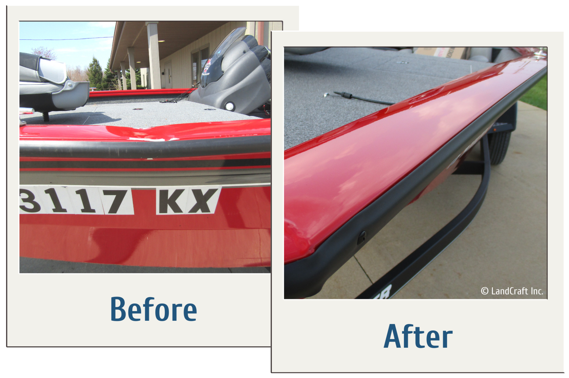 Before and after of an aluminum dent repair on an aluminum boat