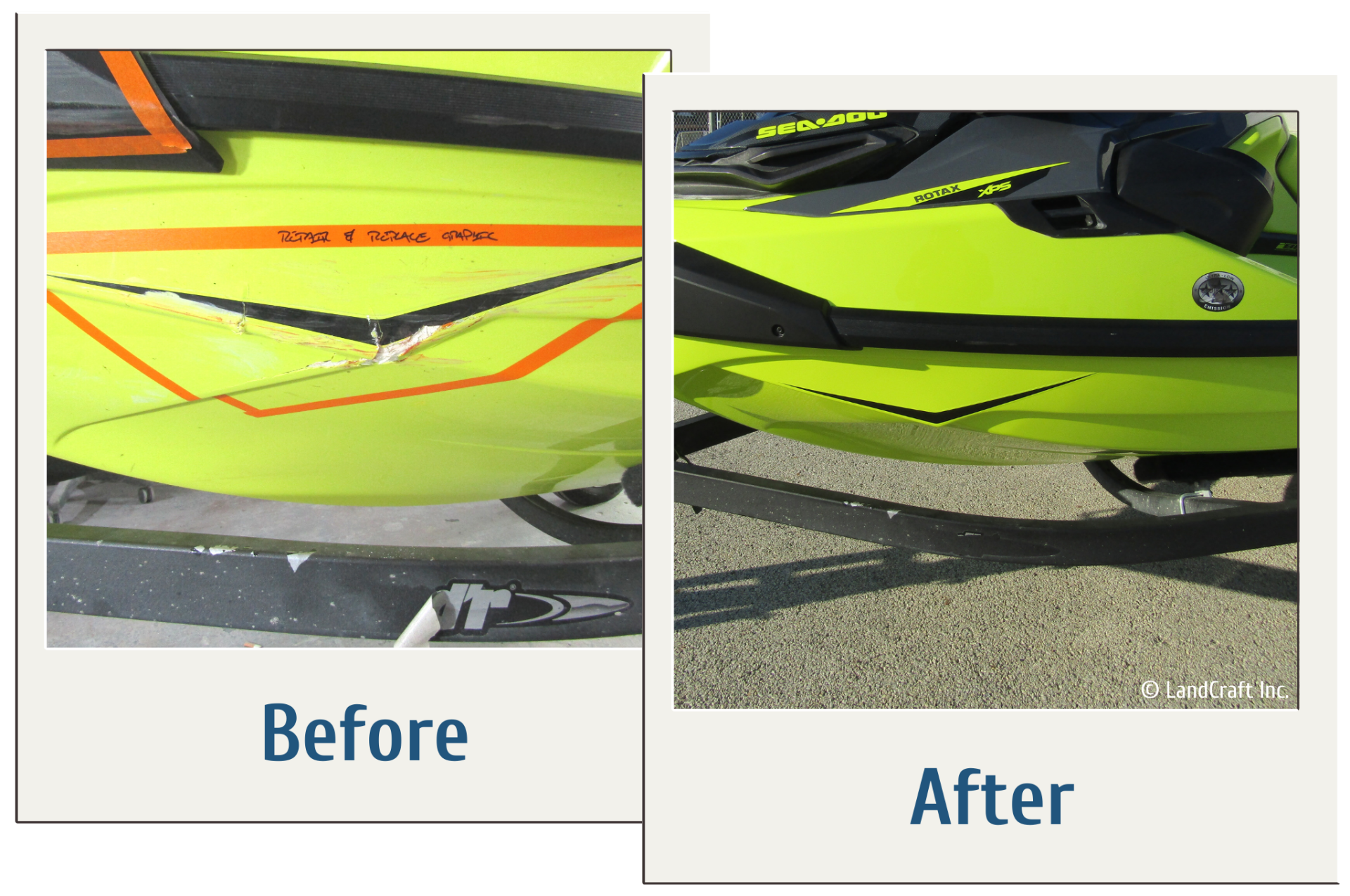 Before and after of a jet ski structural repair