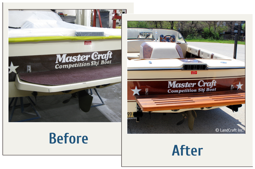 Before and after picture of boat metalflake repair and restoration