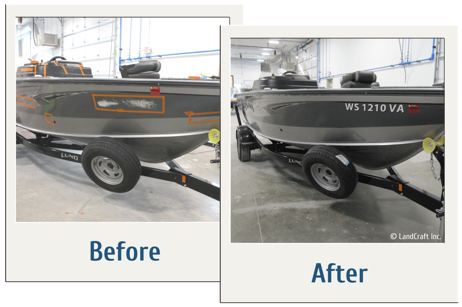 Before and after of aluminum dent and scratch repairs on a Lund boat
