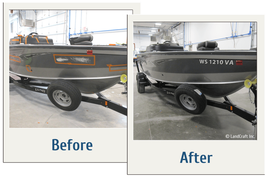 Before and after picture of aluminum boat damage repair and refinishing