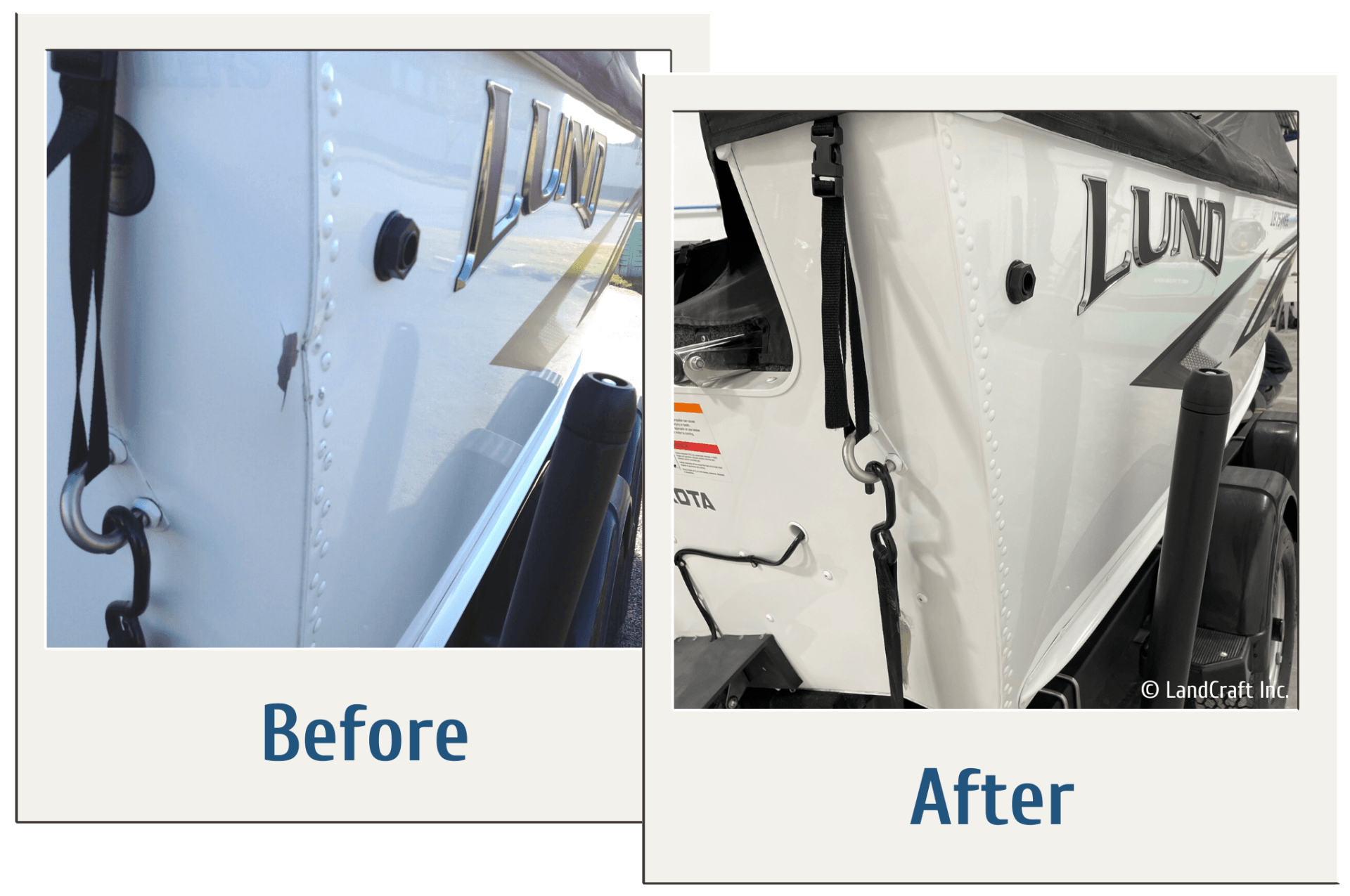 Before and after of an aluminum dent repair on a Lund boat