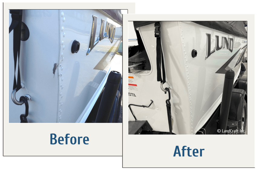 Before and after picture of boat aluminum dent repair