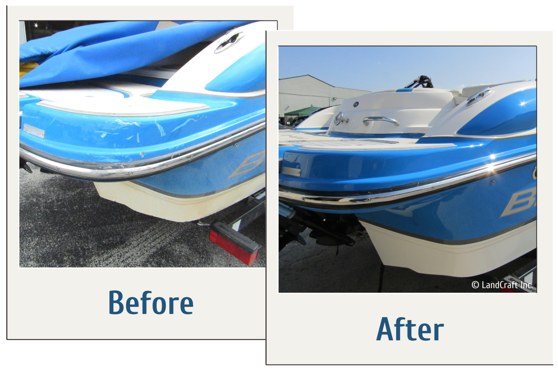 Before and after of boat gelcoat repair