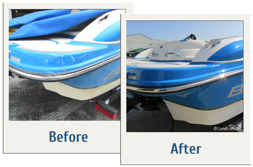 Before and after picture of boat gelcoat repair