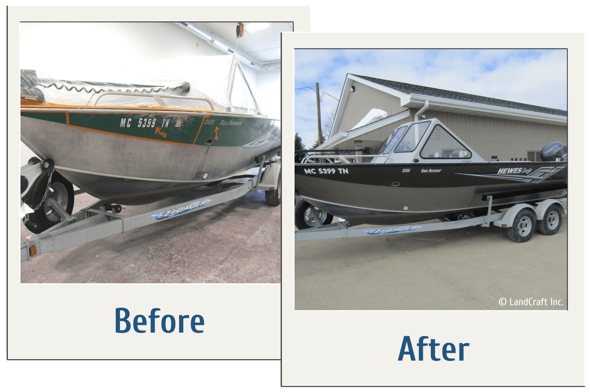 Before and after of aluminum damage repair and refinishing