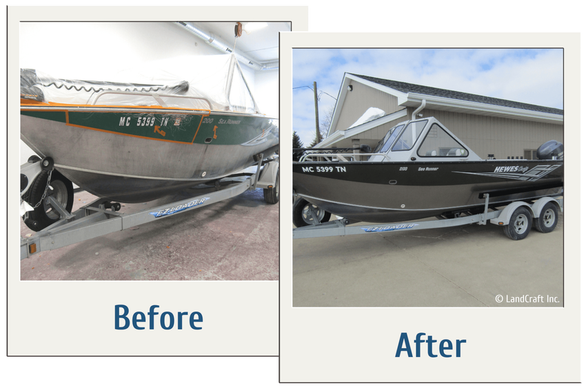 Before and after picture of aluminum boat repair and refinishing