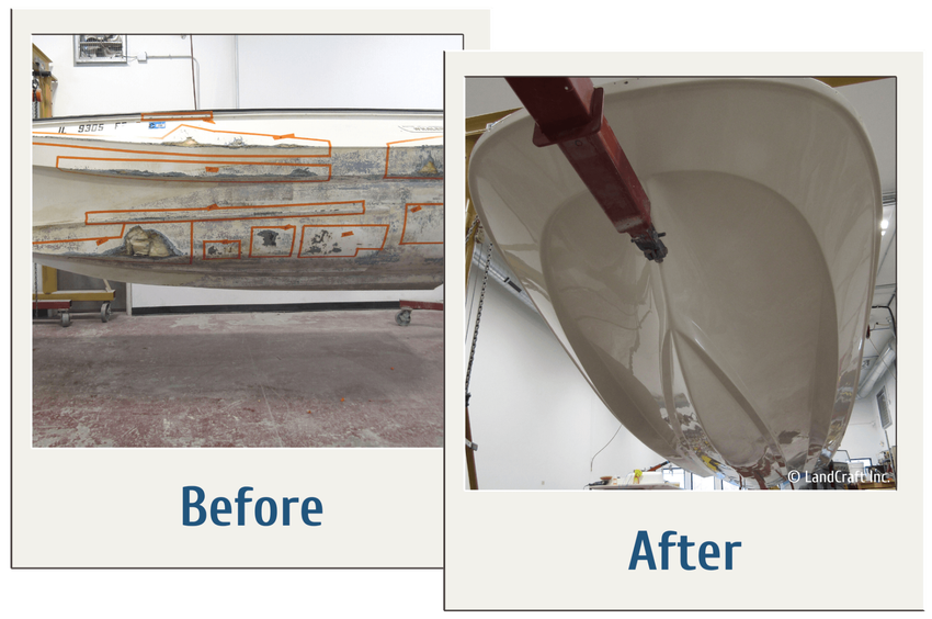 Before and after picture of boat structural fiberglass repair