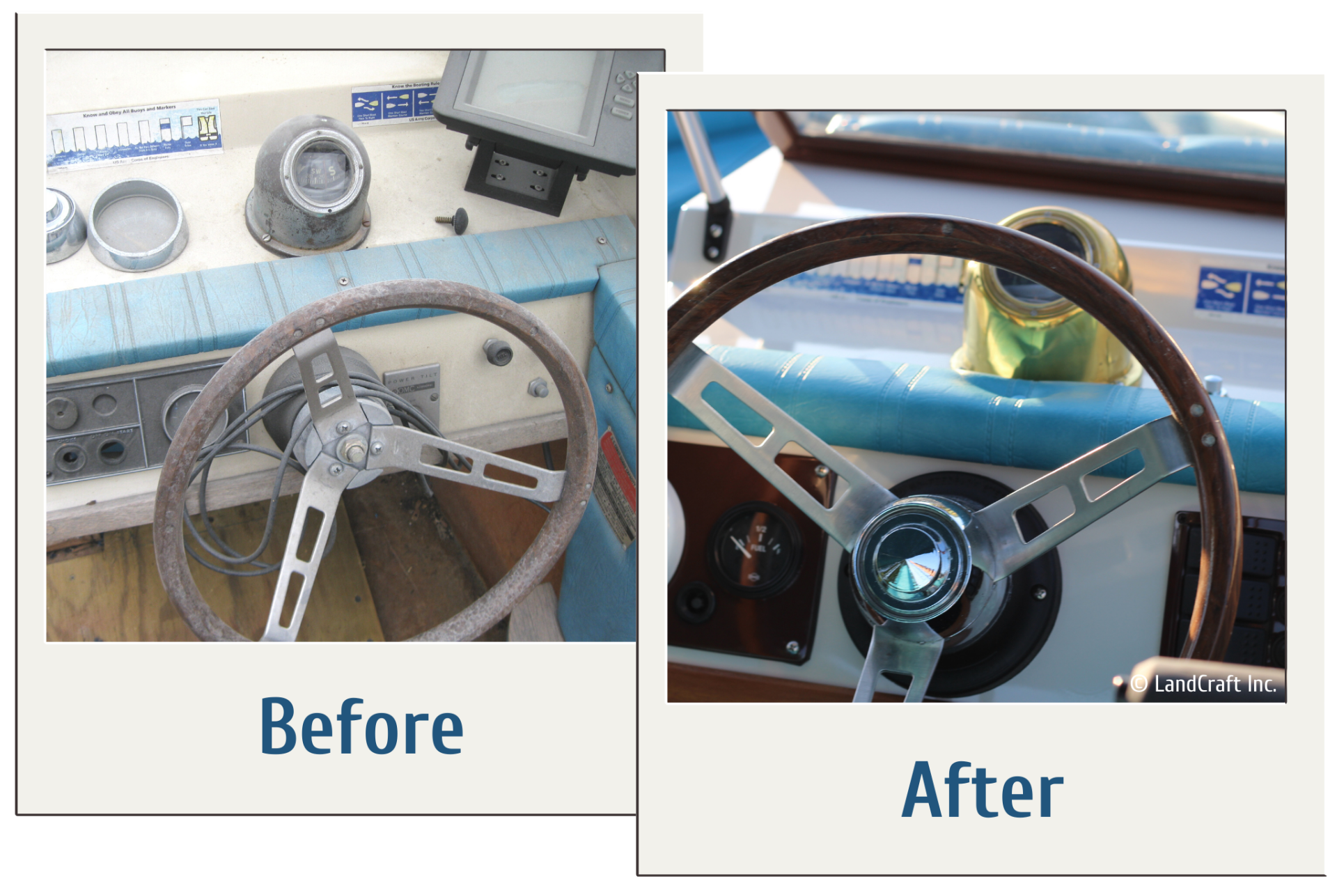 Before and after of a complete boat restoration interior