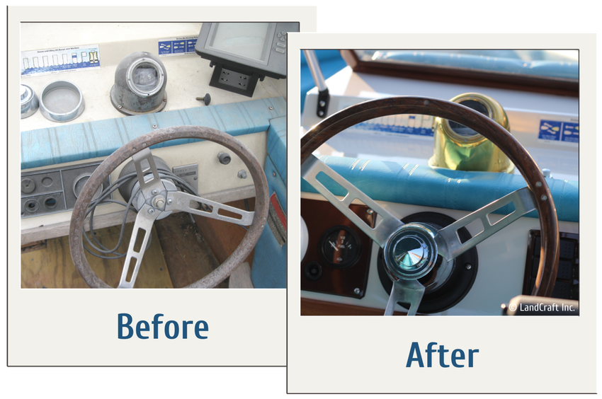 Before and after picture of boat interior restoration
