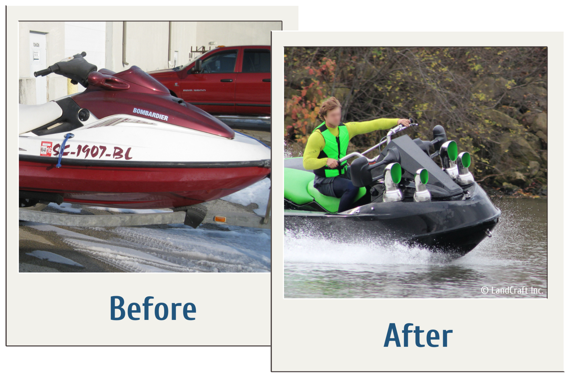 Before and after of a jet ski turned into a custom fabricated v8 jet ski