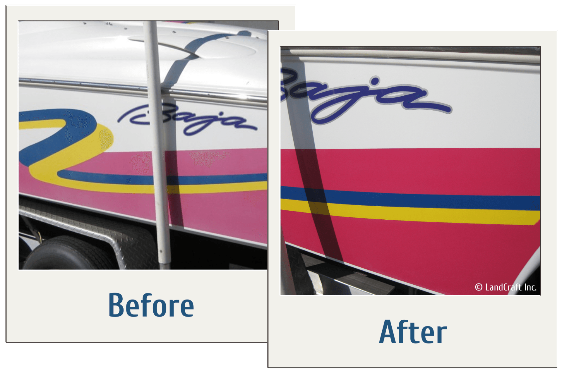 Before and after of boat gelcoat refurbishing